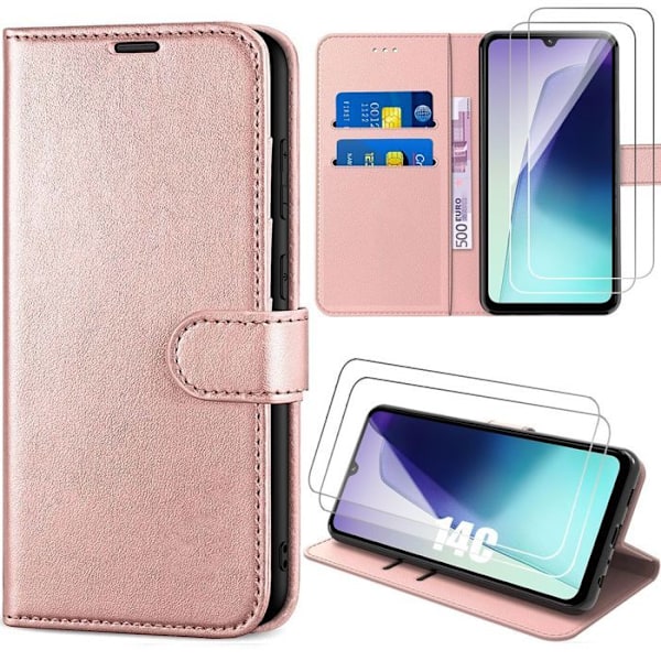Coque + 2 Indbyggede Glas til Xiaomi Redmi 14C, Ridsesikker PU Læder Beskyttelse i Rosa Rosa