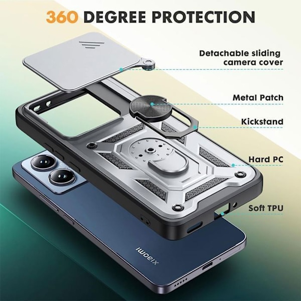 Cover til Xiaomi 15 Pro - Stiv Stødabsorbant med Ring og Objektivbeskyttelse - Sølv Silver