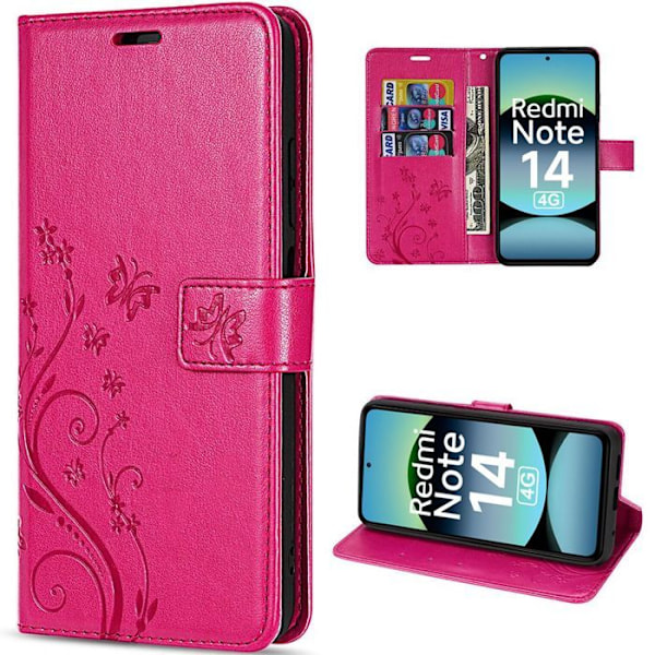 Coque för Xiaomi Redmi Note 14 4G (inte för 5G) Stötsäker Syntetiskt Läder Fuchsia Motiv Fjäril Växt Fuchsia