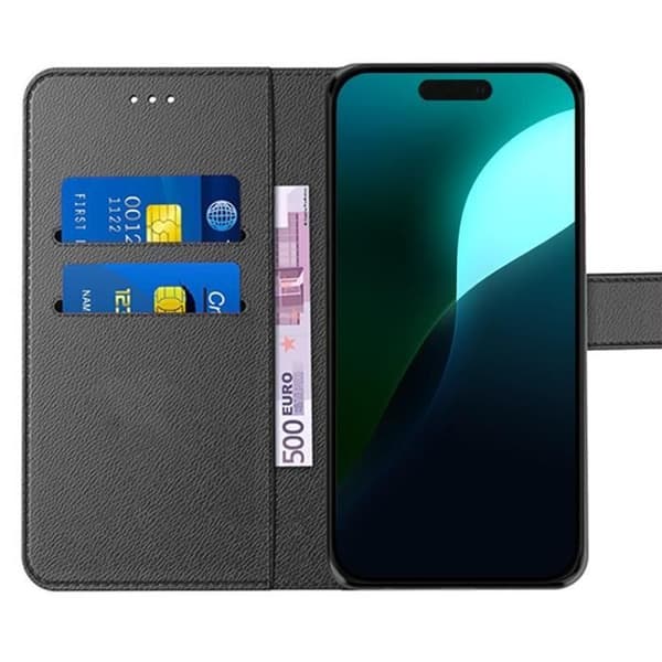 Skyddsskal - E.F.CONNECTION - för iPhone 16 - Syntetläder Svart - Plånbok - Rep-Resistent Svart
