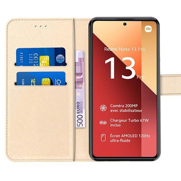 Coque - Xiaomi - Redmi Note 13 Pro 4G - Effekt Læder Guld - Magnetisk Lukning - 2 Hærdede Glas gyllene