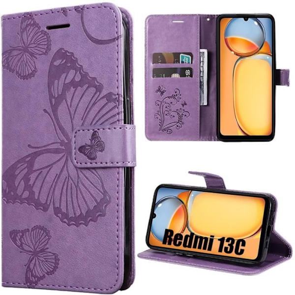 Coque - Xiaomi - Redmi 13C - Lilla - Sommerfugl Mønster - Syntetisk Læder og TPU Lila