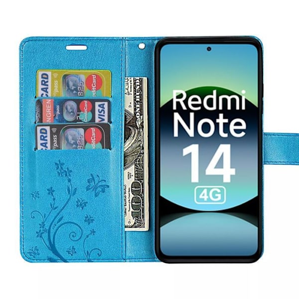 Skyddsfodral för Xiaomi Redmi Note 14 4G (inte för 5G) Skyddshölje med flik Stöttålig Syntetläder Blå Fjäril Blommönster Blå