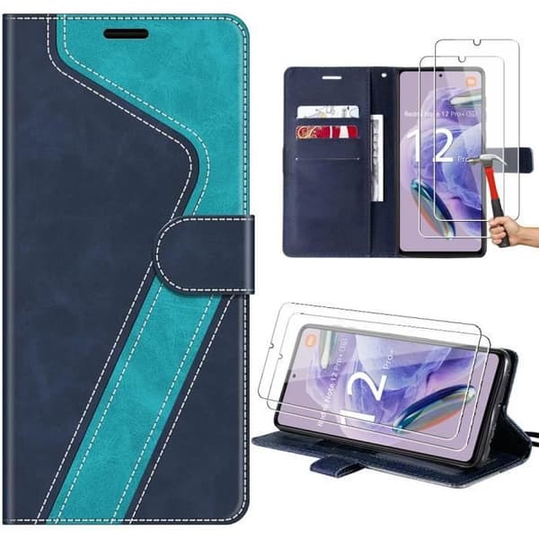 Skal + 2 Doppade Glas - E.F.Connection - för Redmi Note 12 Pro Plus 5G - PU-Läder - Mjuk - Blå Blå