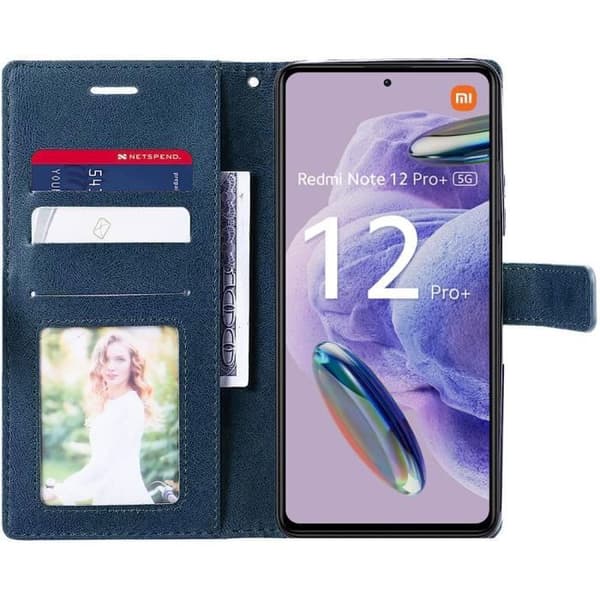 Fodral för Redmi Note 12 Pro+-Note 12 Pro Plus + 2 härdade glasögon - Marinblått syntetiskt läder