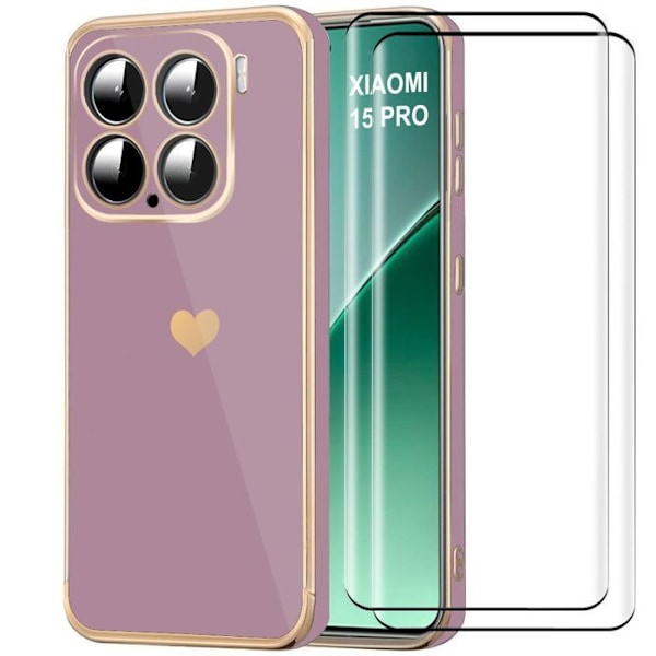 Coque för Xiaomi 15 Pro, Skydd med Hjärtmönster Stötabsorberande Slim Lätt Lila + 2 Härdade Glas Lila