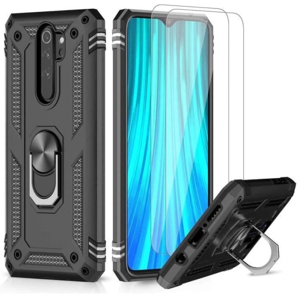 Taske til Redmi Note 8Pro (6,53") Plus hærdet glas Ring Stærk beslag Forstærket kant Metalplade Sort Svart