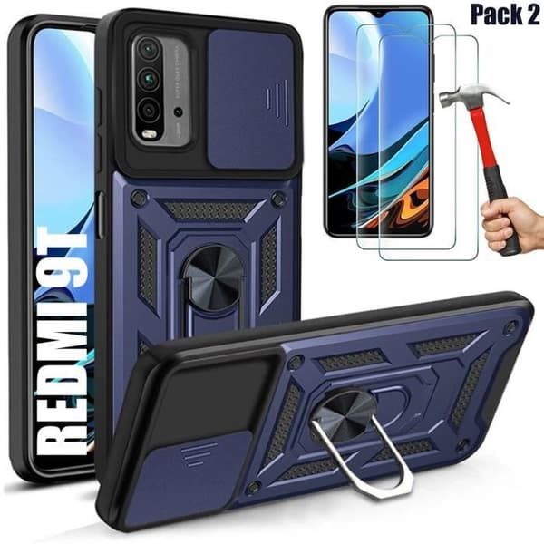 Skyddspaket - E.F.CONNECTION - Redmi 9T - Hårt skal - 2 Härdat glas - Mörkblå marinblå