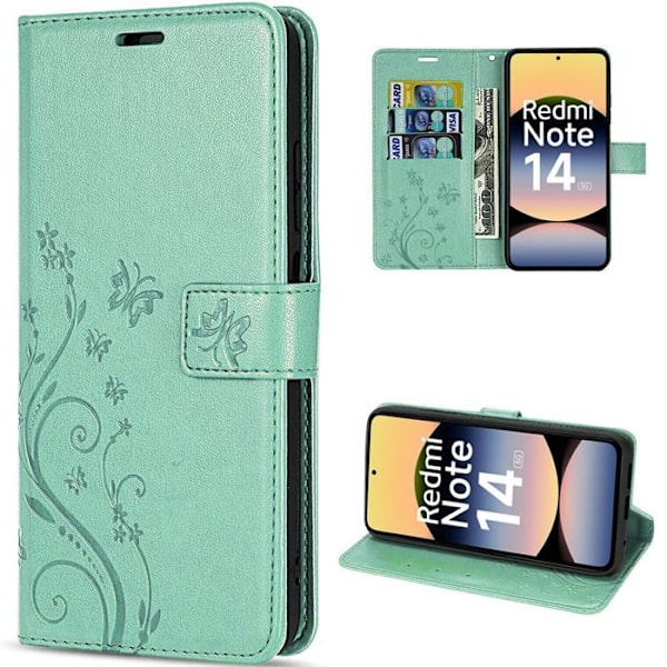 Coque för Xiaomi Redmi Note 14 5G (inte för 4G) skydd med flip, syntetiskt läder, stöttåligt, grön med fjärilmönster Grön