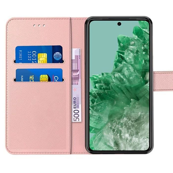 2 härdade glasögon + fodral för Google Pixel 8 Pro, stötsäker rosa lädereffekt 360° skydd