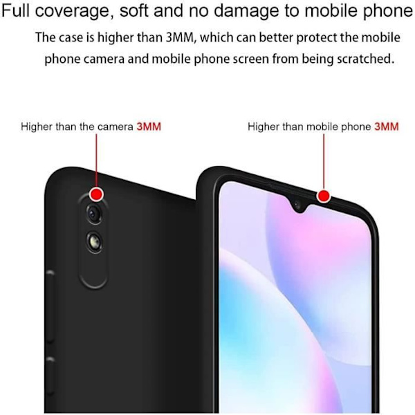 Etui til Redmi 9A (6,53") s Beskyttelse Blød silikone Højstyrke Præcis skæring Sort med hærdet glas Svart