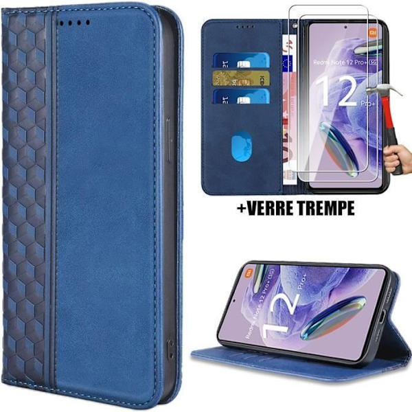 Fodral + 2 härdade glasögon för Xiaomi Redmi Note 12 Pro Plus 5G, marinblått lädereffektskydd (ej för Redmi Note 12 Pro) marinblå