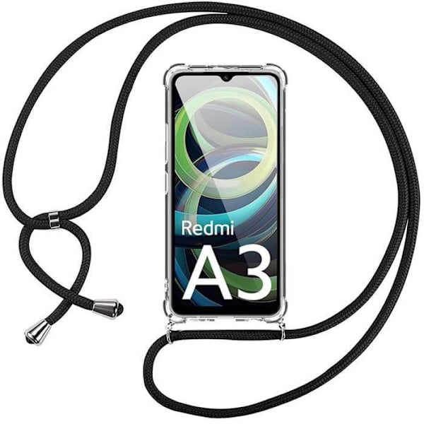 Cover til Xiaomi - Redmi A3 - Transparent Silikone - Stødabsorberende Beskyttelse - Justerbart Snor Transparent, svart