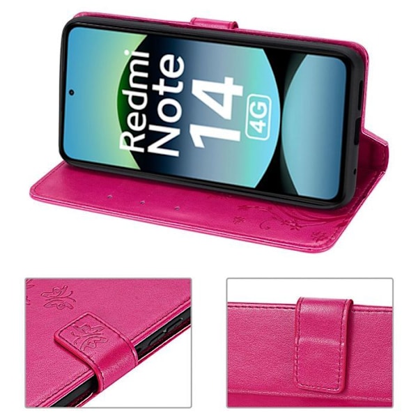 Coque för Xiaomi Redmi Note 14 4G (inte för 5G) Stötsäker Syntetiskt Läder Fuchsia Motiv Fjäril Växt Fuchsia