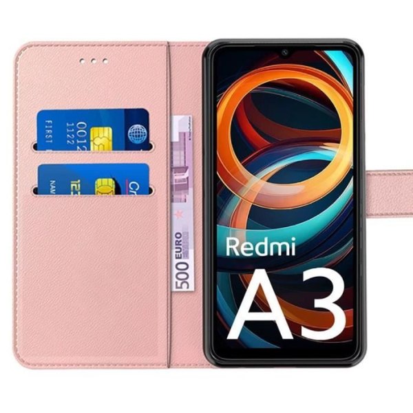 Fodral för Xiaomi Redmi A3, magnetiskt PU-läder stötsäkert skal med kortplatser och stödfunktion, rosa Rosa