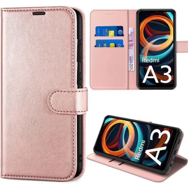 Fodral för Xiaomi Redmi A3, magnetiskt PU-läder stötsäkert skal med kortplatser och stödfunktion, rosa Rosa