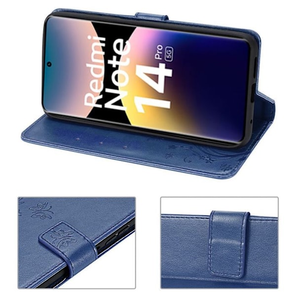 Skyddande fodral för Xiaomi Redmi Note 14 Pro 5G (inte för 4G) Konstläder med blommig relief - Mörkblå marinblå