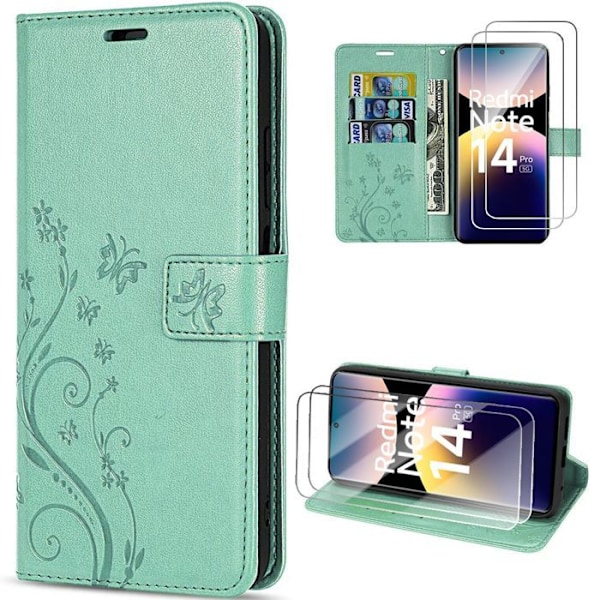Mobilskal och 2 Glas Täckt för Xiaomi Redmi Note 14 Pro 5G (inte för 4G) Skydd PU Läder Grön Blomstersymbol Fjäril Grön
