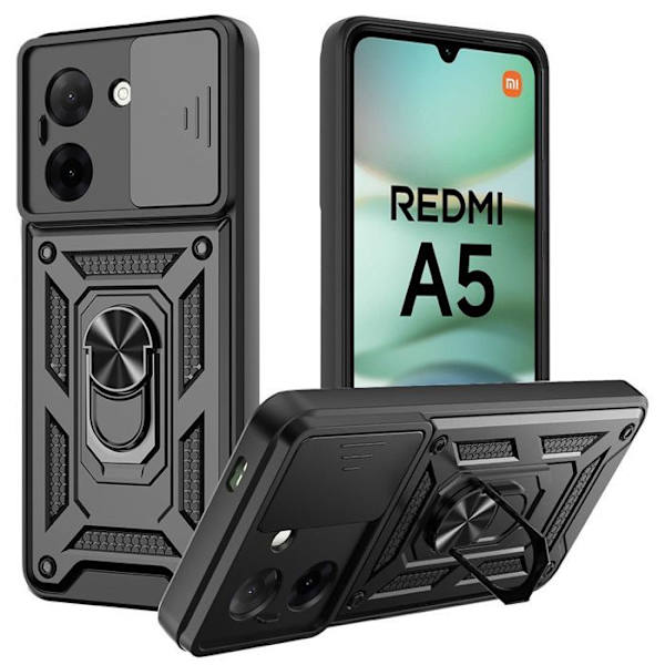 Cover til Xiaomi Redmi A5 - Stiv Stødsikker med Ring og Objektivbeskyttelse - Sort Svart