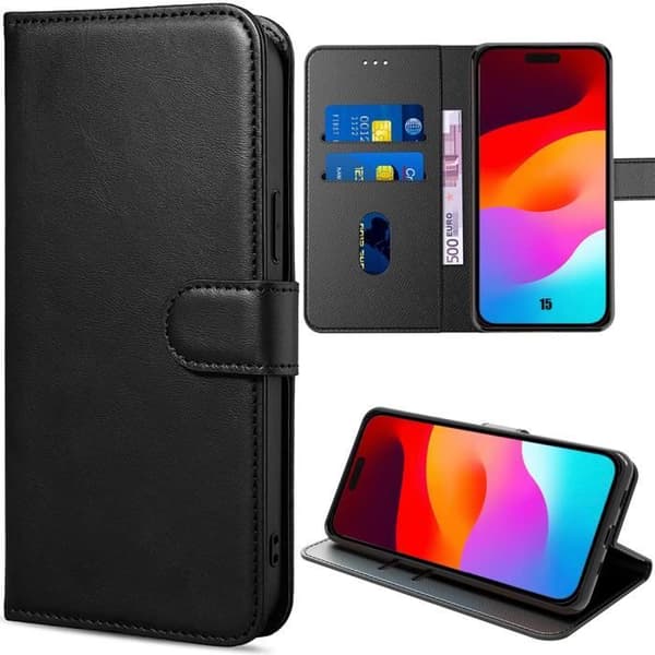Coque - E.F.CONNECTION - för iPhone 15 - Lädereffekt - 360° skydd - Magnetlås Svart