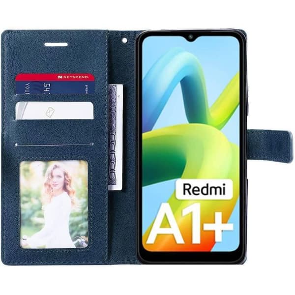 Fodralskydd för Redmi A1+/A2+ / A1 Plus/A2 Plus med 2 härdade glasögon - Skyddslädereffekt Marinblå