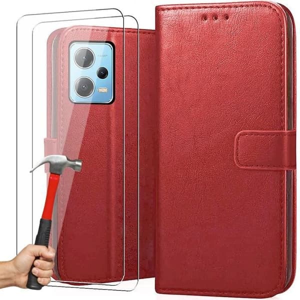 Coque Portefeuille - Effektsläder - Redmi Note 12 Pro+ - Röd - Inkluderar 2 Härdat Glas - Halvstyv Röd