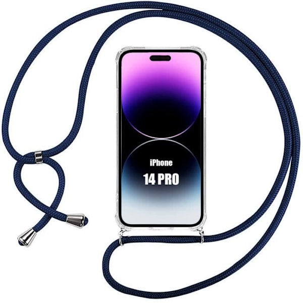 Coque - Silikon - iPhone 14 Pro - Transparent - Justerbart Snöre - Mörkblå Transparent, Marinblå