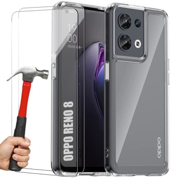 Etui til OPPO Reno 8 5G + 2 hærdede briller. Ultra tyndt blødt gennemsigtigt silikonetui Transparent