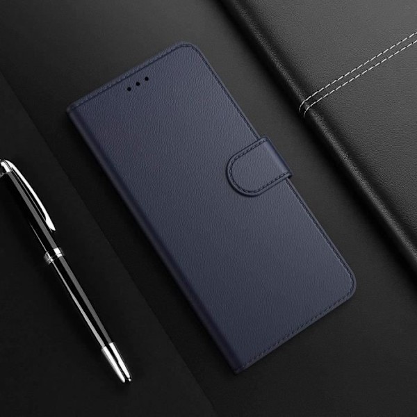 Skyddsfodral - E.F.CONNECTION - för Redmi Note 9 - Mörkblå Läderlook - Paket med 2 Härdat Glas marinblå