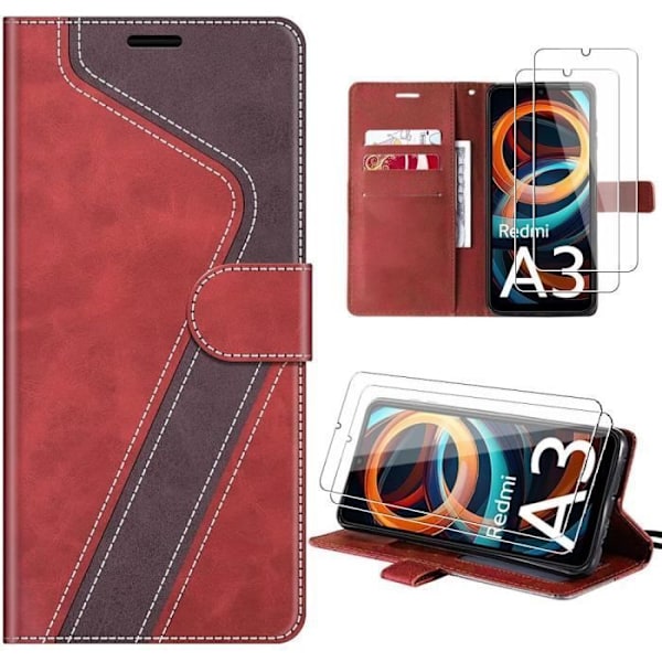 Hölster - E.F.Connection - för Xiaomi Redmi A3 - i Röd PU-läder - Repellerande - Magnetisk - med 2 Härdade Glas Röd