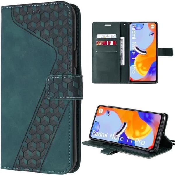 Coque - E.F.CONNECTION - För Xiaomi Redmi Note 11 Pro/12 Pro - Grön - Prägad PU-läder - Justerbart ställ Grön