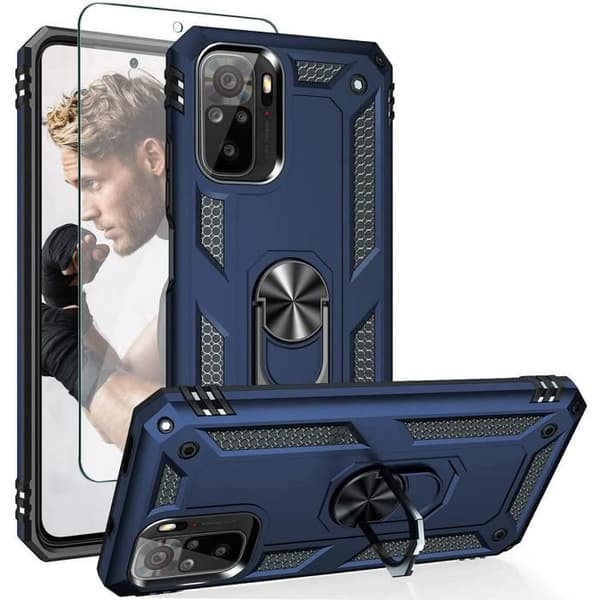 Skyddsskal - E.F.CONNECTION - för Redmi Note 10 4G - Silikon - Härdat glas - Stödring Blå