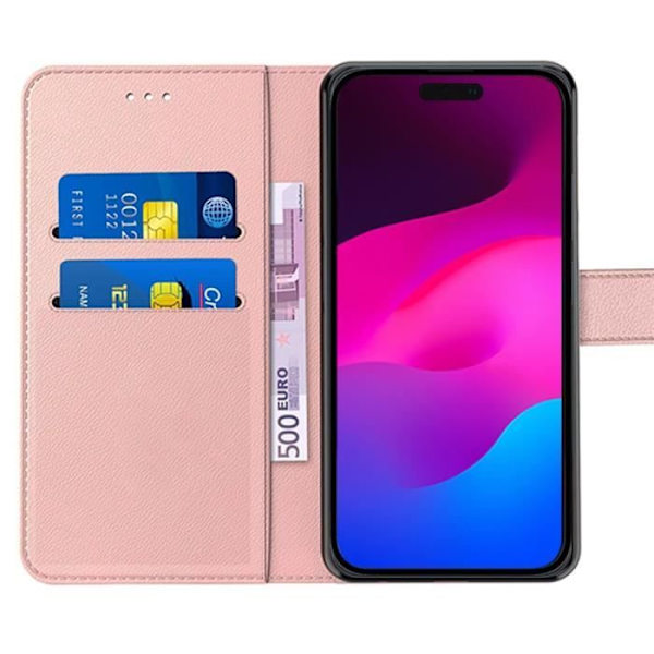 Fodral för iPhone 15 Plus med 2 härdade glasögon, rosa lädereffektskydd, magnetisk stängning