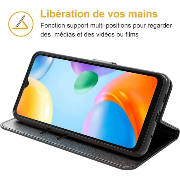 Fodral för Xiaomi Redmi 10C + 2 härdade glasögon, svart lädereffektskydd Magnetisk stängning Svart