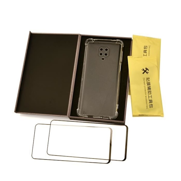 Gennemsigtigt etui til Xiaomi Redmi note 9s / 9pro + 2 stykker hærdet glas, gennemsigtig ultra tynd anti-ridse silikone TPU