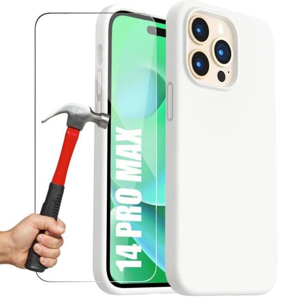 Coque - Silikon - för iPhone 14 Pro Max - Vit - 2 Härdat Glas - Skärm Skydd Vit