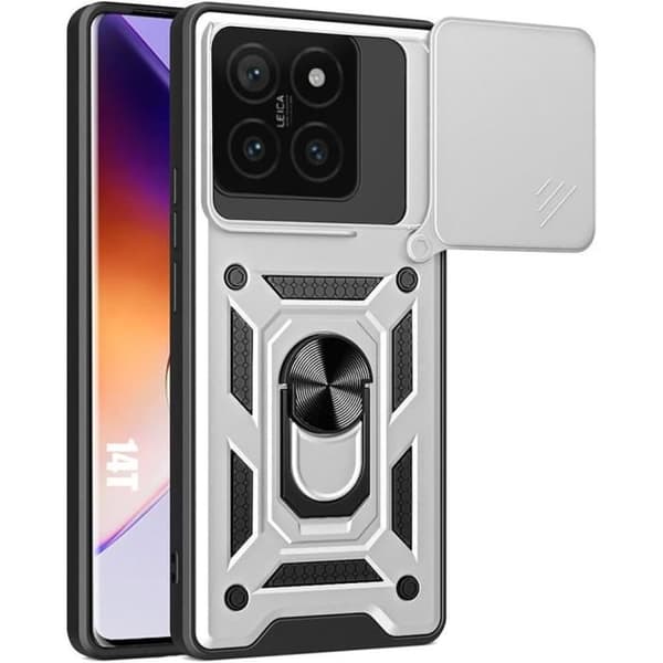 Fodral till Xiaomi 14T, hårt stötsäkert med ringstöd och linsskydd - Silver
