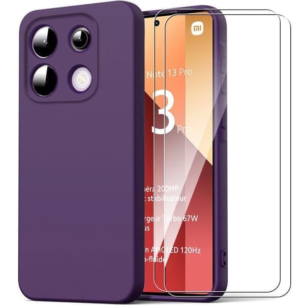 Fodral + 2 härdade glasögon för Xiaomi Redmi Note 13 Pro 4G (ej för 5G) - Anti-repa silikonskydd - Mörklila