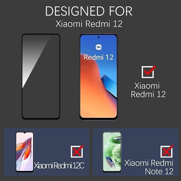 Fuld hærdet glas skærmbeskytter til Xiaomi Redmi 12 og 12 5G - Pakke med 2 anti-fingeraftryk sorte vinduer Transparent med svart kant