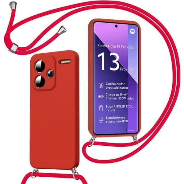Coque - E.F.CONNECTION - För Xiaomi Redmi Note 13 Pro+ 5G - Röd - Stötsäker Skydd - Justerbar Snodd Röd