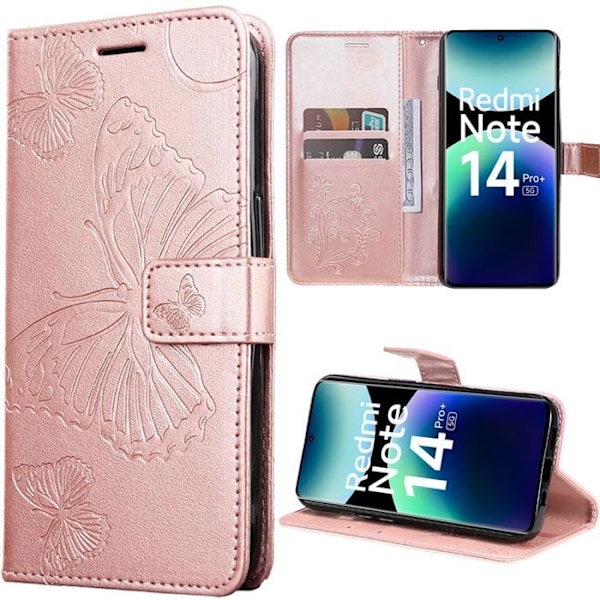 Skydd för Xiaomi Redmi Note 14 Pro Plus 5G/Note 14 Pro+ 5G, Skyddseffekt Läder Mönster Fjäril Rosa Rosa