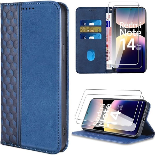Coque + 2 Härdat Glas för Xiaomi Redmi Note 14 Pro 5G (inte för 4G) Skydd Läder PU Mörkblå marinblå