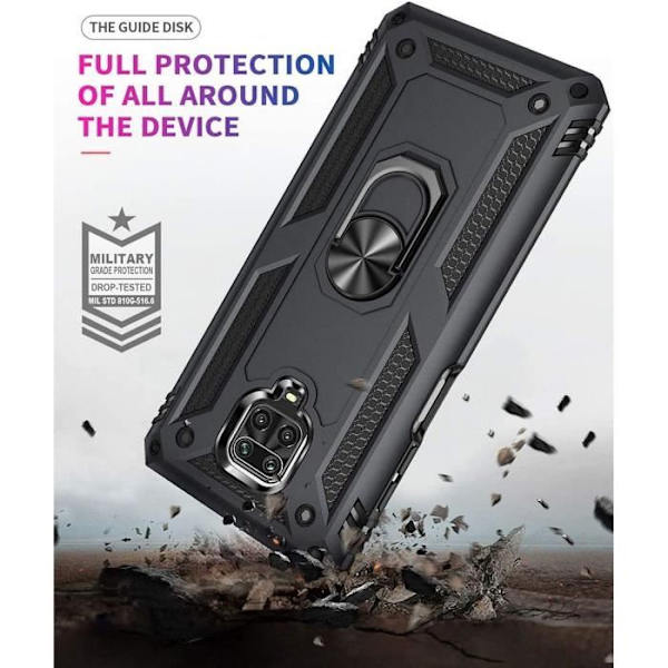 Fodral för Redmi Note 9S (6,67") med härdat glas med metallstödring Metallbakplatta High Performance Black Svart