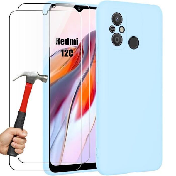 Fodral till Xiaomi Redmi 12C - Redmi 11A - Smal stötsäker matt flytande silikonskydd - Himmelsblå + 2 härdade glasögon