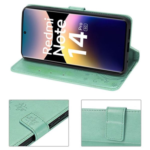 Coque för Xiaomi Redmi Note 14 Pro 5G (inte för 4G) Syntetiskt Läder Motif Fjäril Växt med Kortfack - Grön Grön
