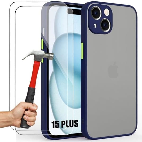Coque - Silikon - för iPhone 15 Plus - Stötsäker - Matt - 2 Tempererade Glas Ingår marinblå