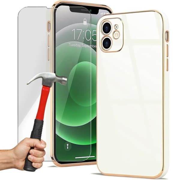 Skyddsskal - Lyx - för iPhone 12 - Stötabsorberande - Repfria - Guldkanter Vit