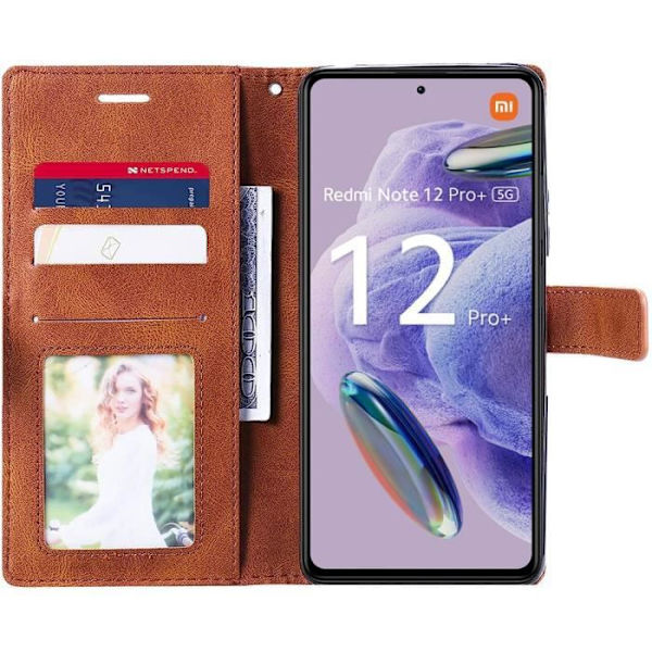 Fodral för Redmi Note 12 Pro+-Note 12 Pro Plus + 2 härdade glasögon, brunt lädereffektskydd med lock