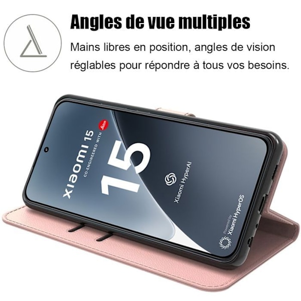 Coque för Xiaomi 15, Skydd Flip Case i syntetiskt läder, stötabsorberande rosa Rosa