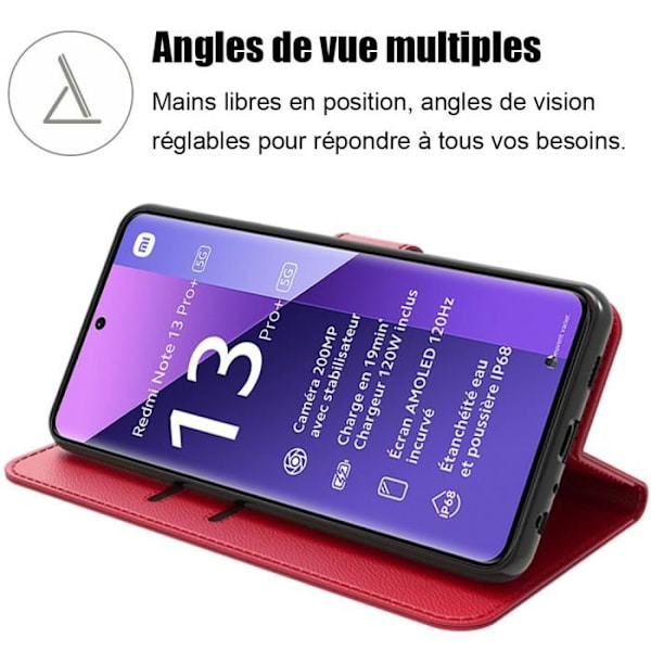 Fodral + 2 härdade glasögon för Xiaomi Redmi Note 13 Pro+ 5G - Note 13 Pro Plus 5G, stötsäker i konstläder och TPU, röd